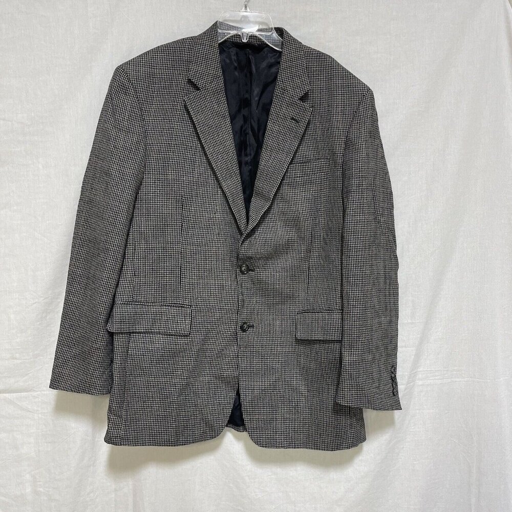 JOS A BANK Mens Wool Silk Houndstooth Blazer Jacket Sz 41R Black Cream Gold Coat